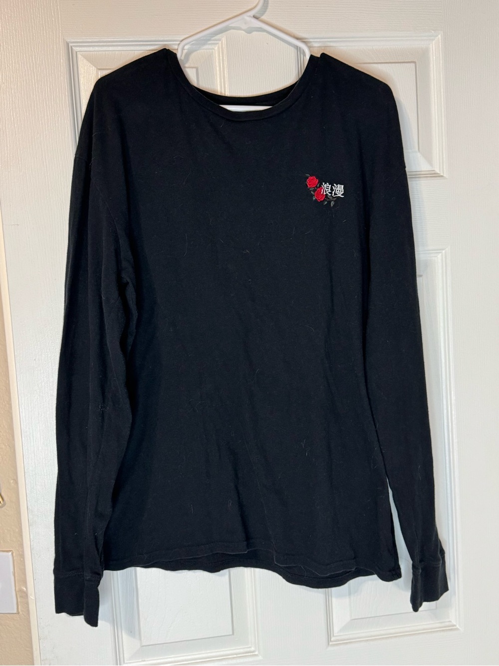 Pacsun Black Long Sleeve Tee with Small Red Rose Embroidery